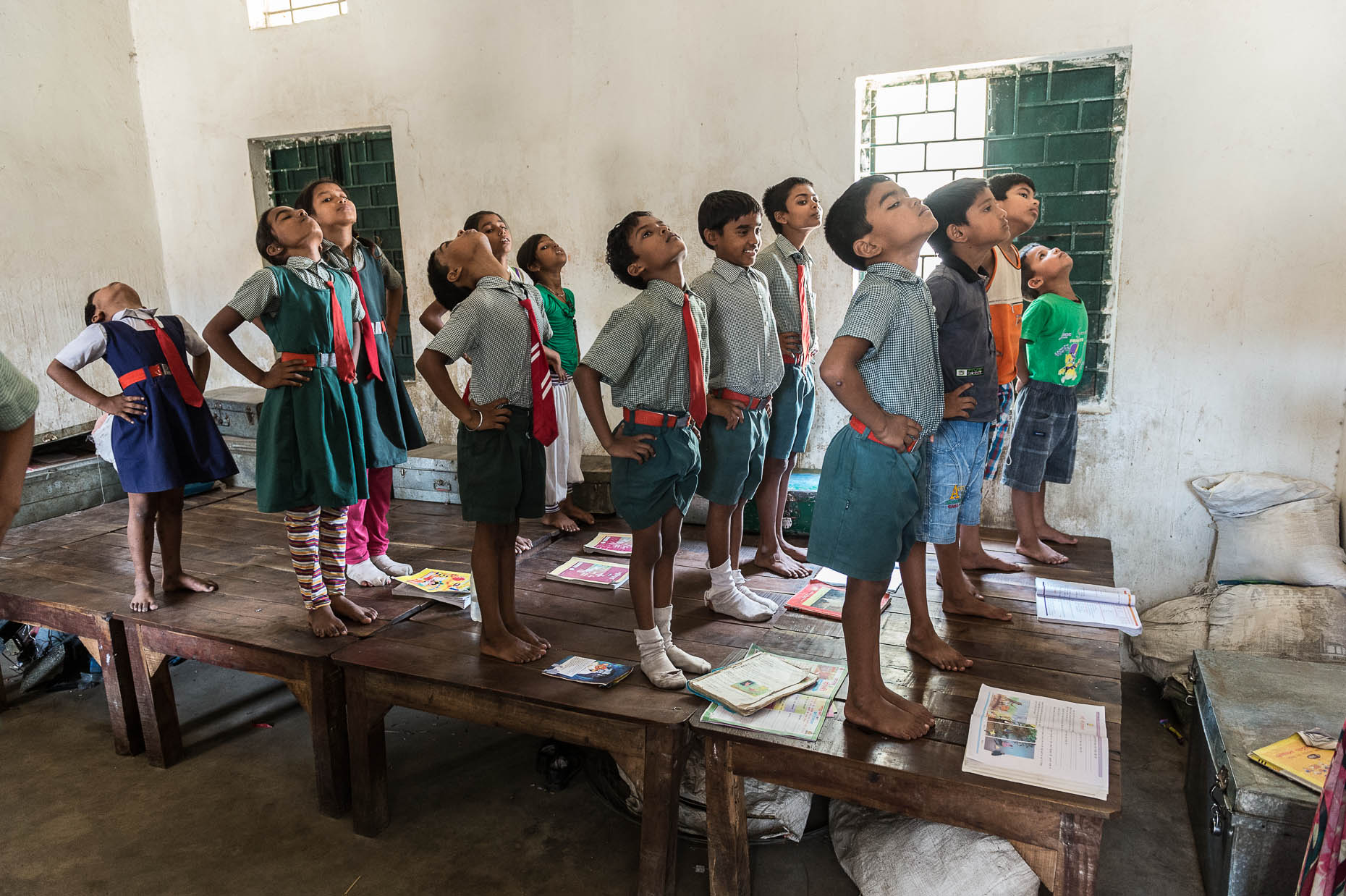 School-children-exercising-India